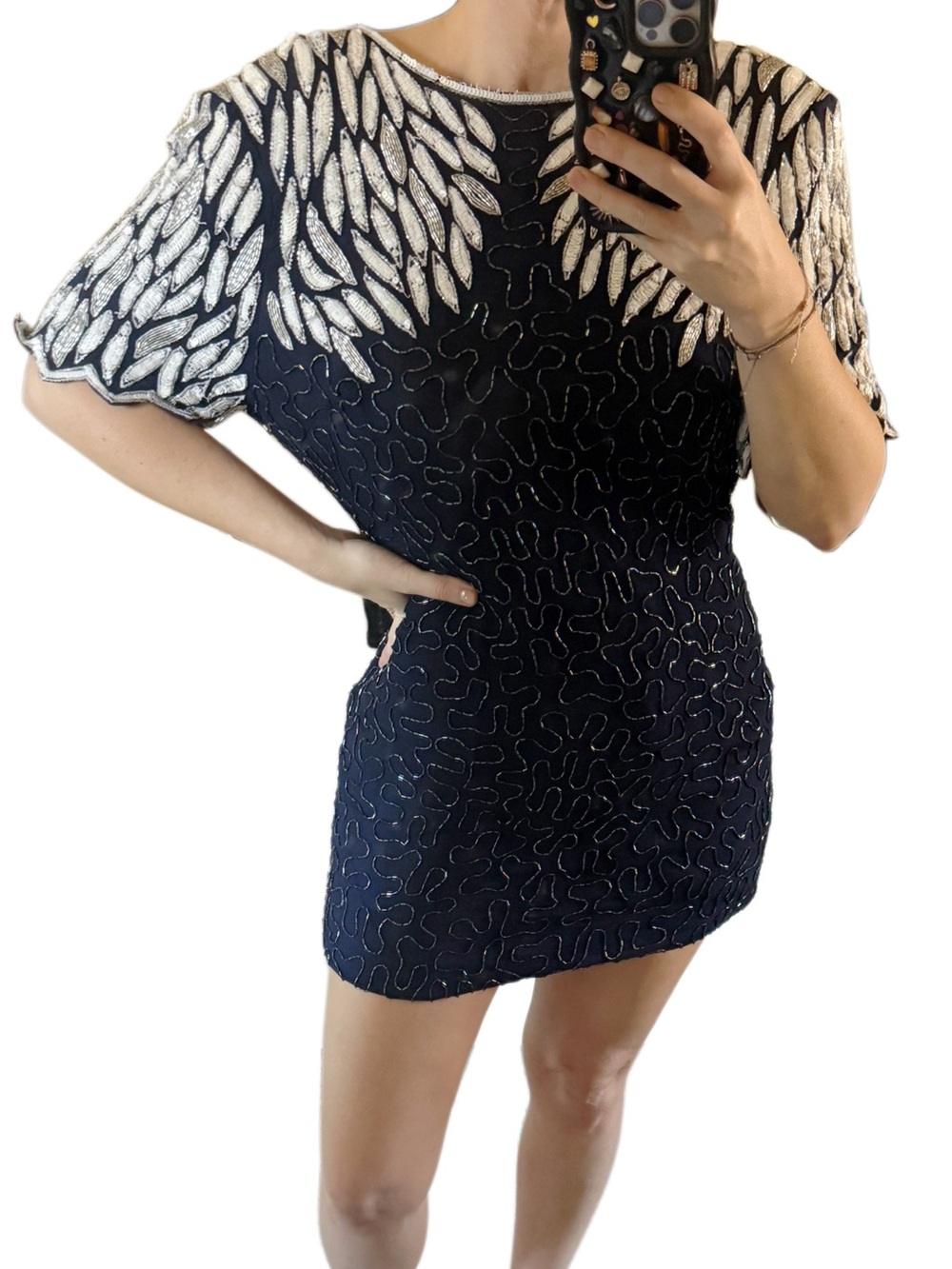 Vintage (tailored) sequin beaded short mini silver and blue dress